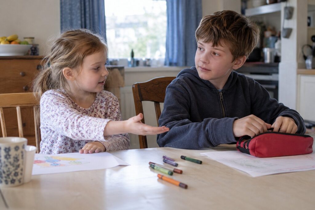 A younger child gesturing toward an older child's pencil case at a kitchen table.
