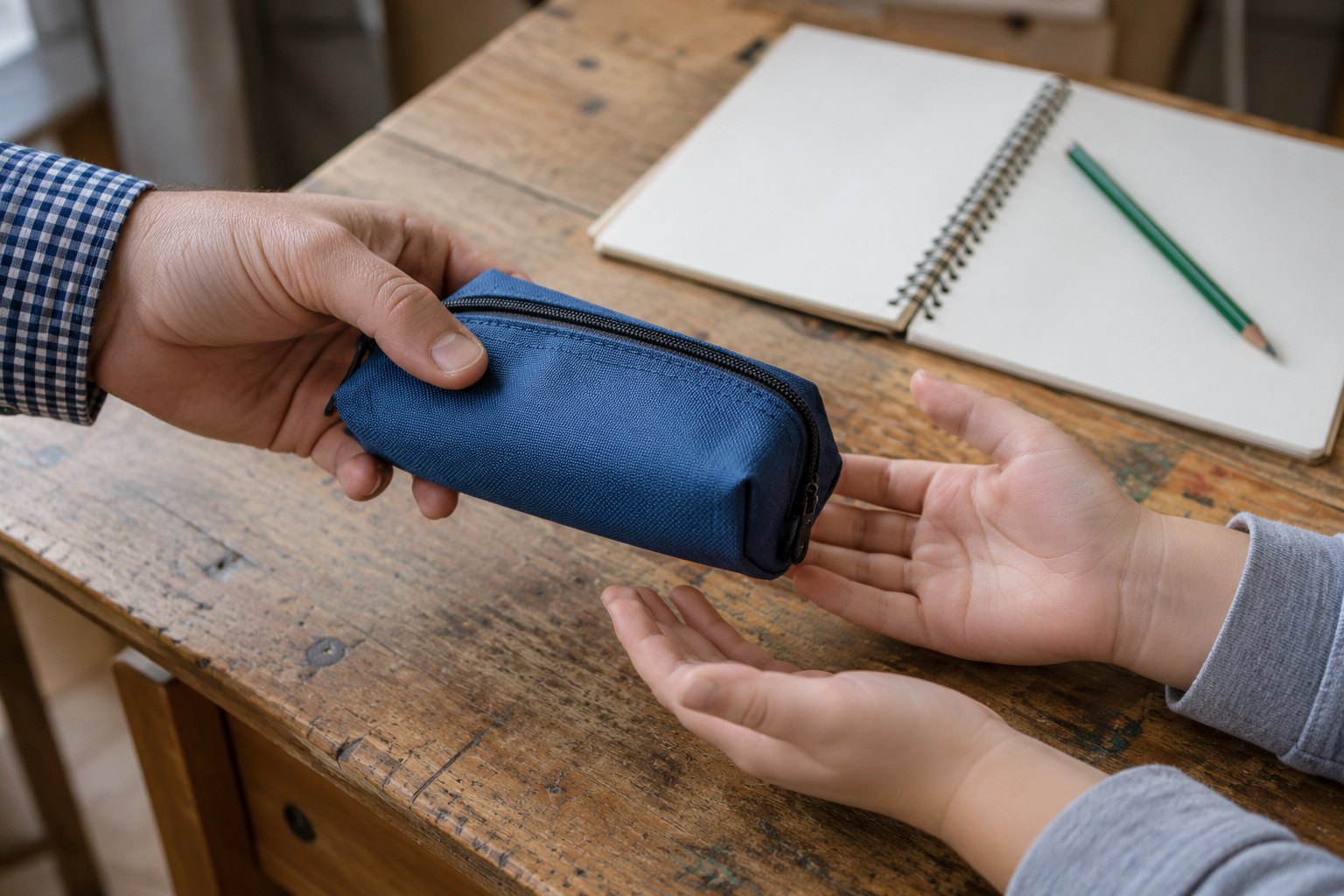 An adult handing a blue pencil case to a child's open hands.