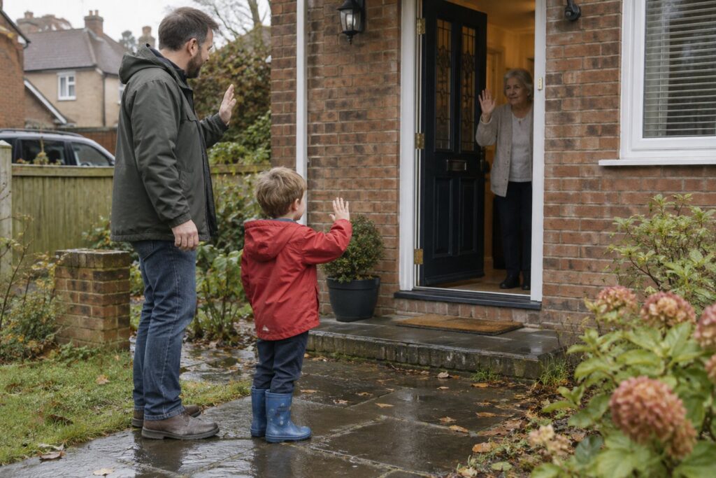 A child and father waving to a grandmother at her front door.