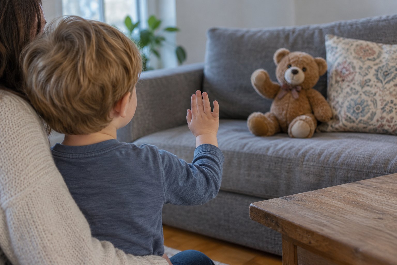 A child sitting beside an adult and practicing a wave toward a teddy bear.