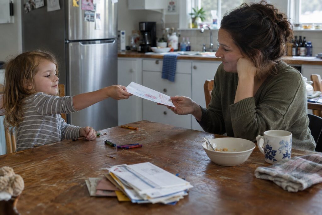 A child handing a crayon drawing to her mother across a wooden kitchen table.
