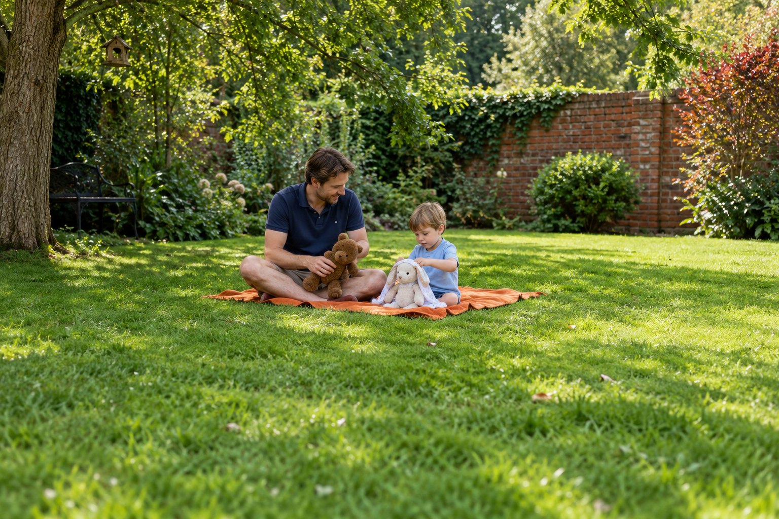A father and child playing with stuffed animals on an orange blanket in a leafy garden.