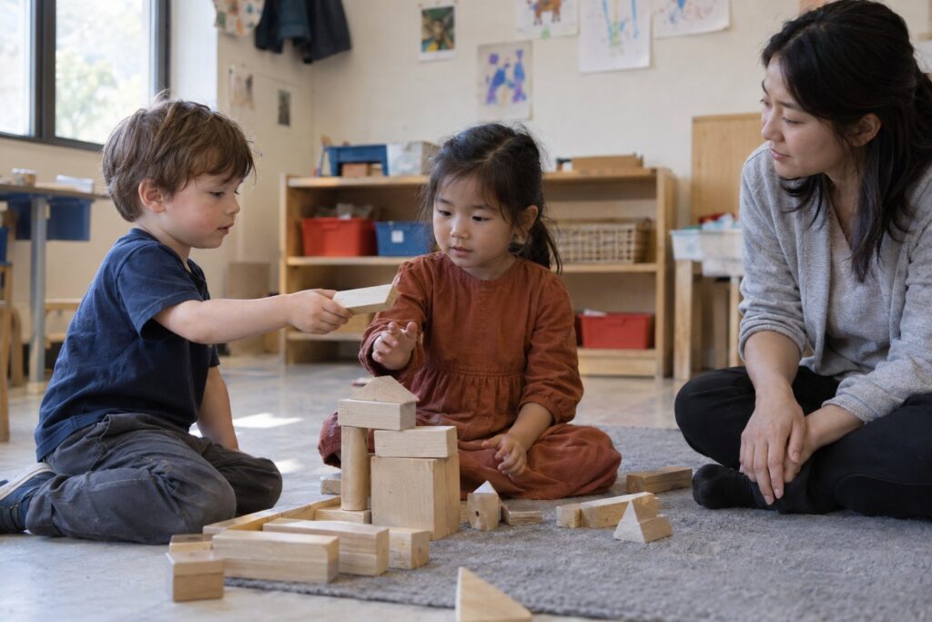 A child offering a wooden block to another child while a teacher sits nearby in a preschool classroom.