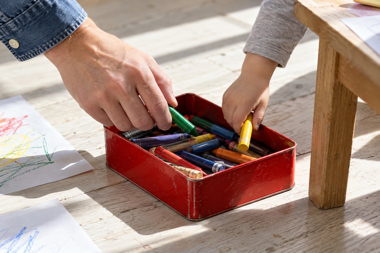 Close-up of an adult and child placing crayons into a red tin on a sunlit wooden floor.