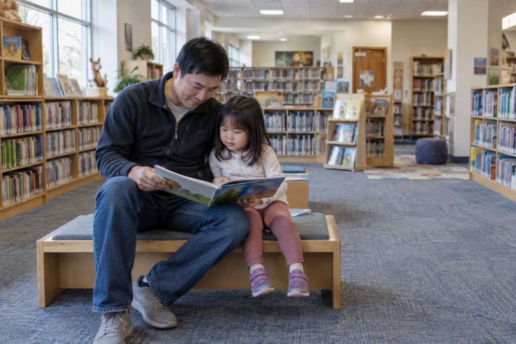 A father and child reading a picture book together on a library bench.