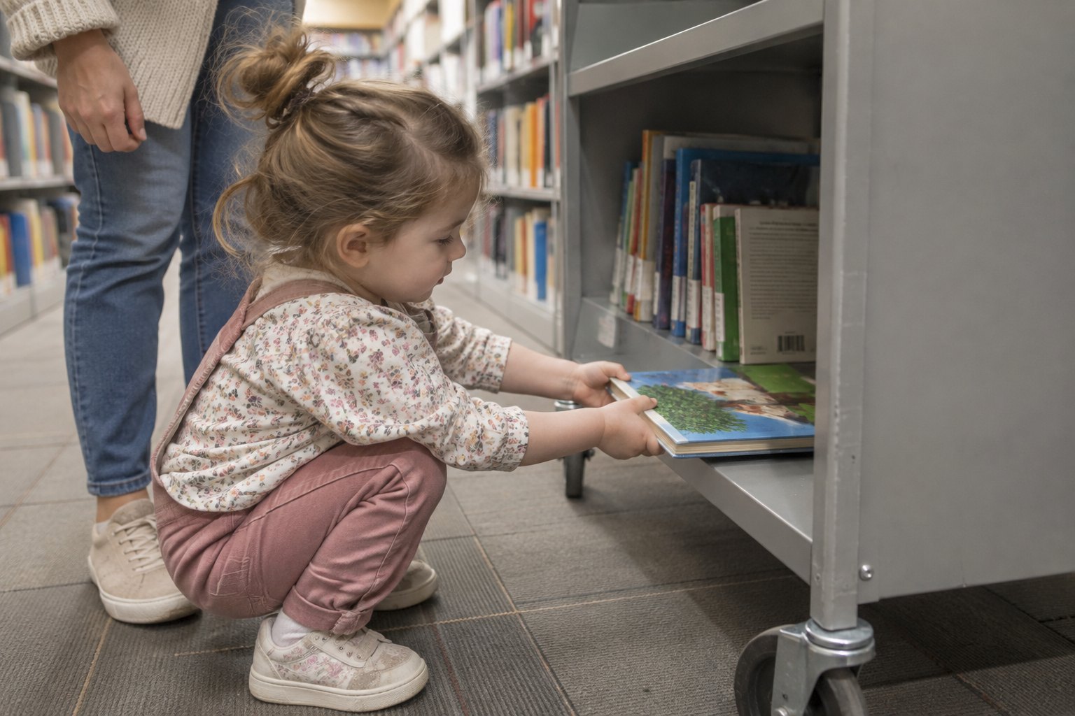 A child placing a picture book on a library return cart with an adult nearby.