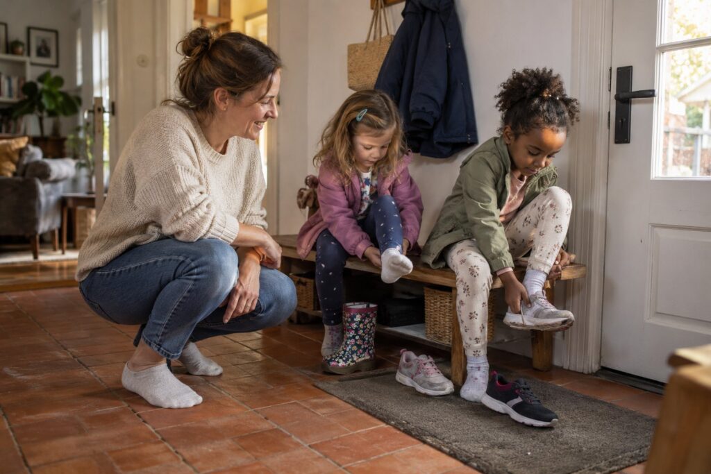 Two children taking off their shoes on an entry bench while a parent waits nearby.