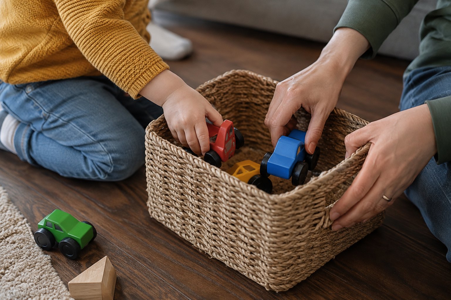 An adult and child putting toy cars into a woven basket.