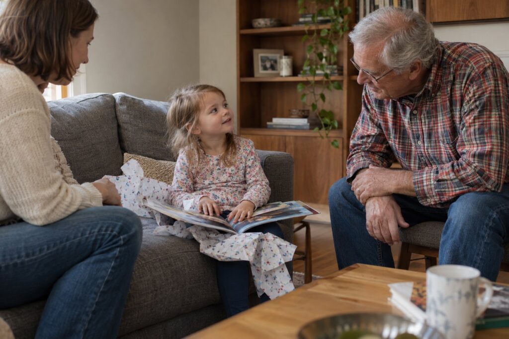 A child with an unwrapped picture book looking toward a grandparent beside a sofa.