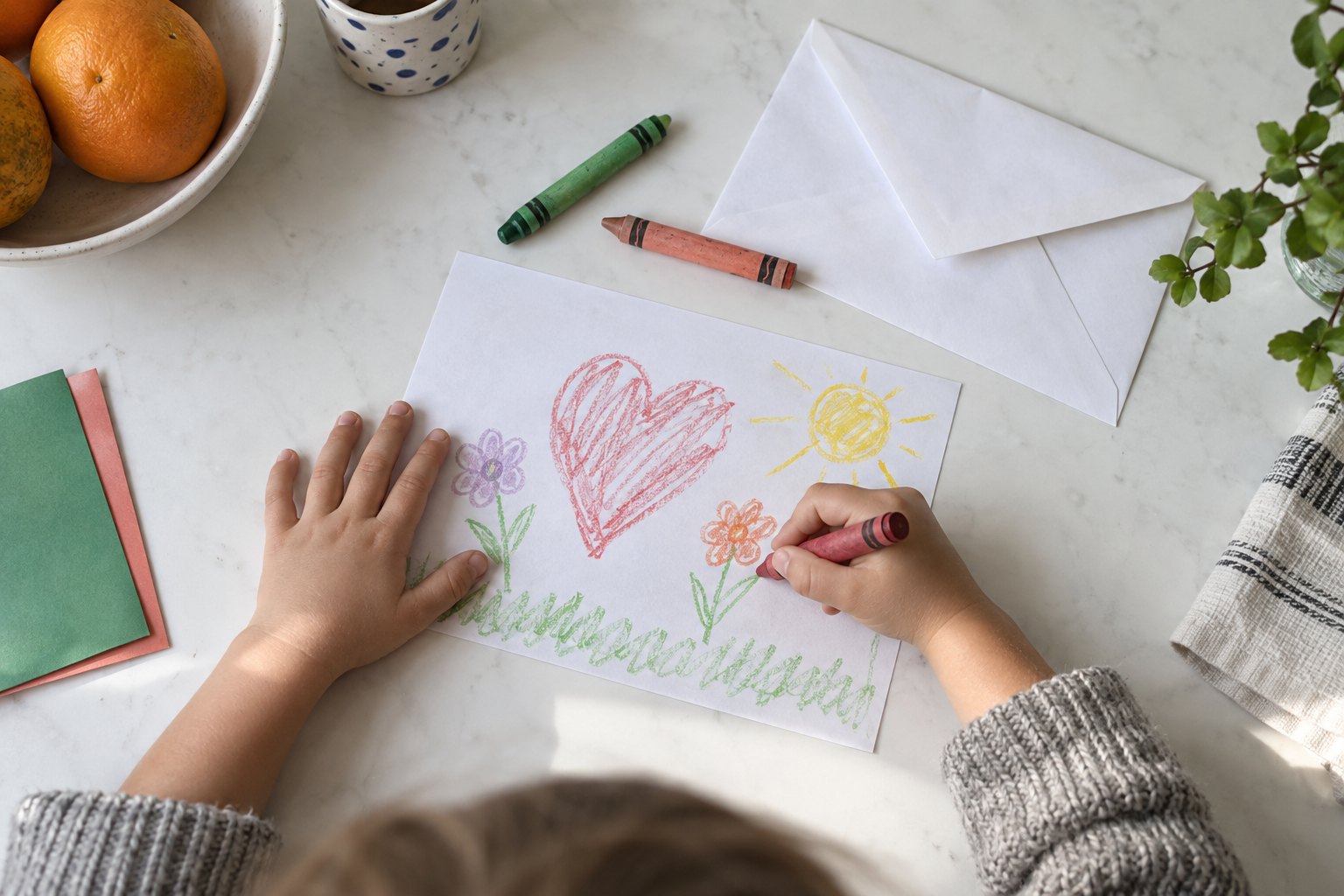 A child making a crayon drawing beside a plain envelope.